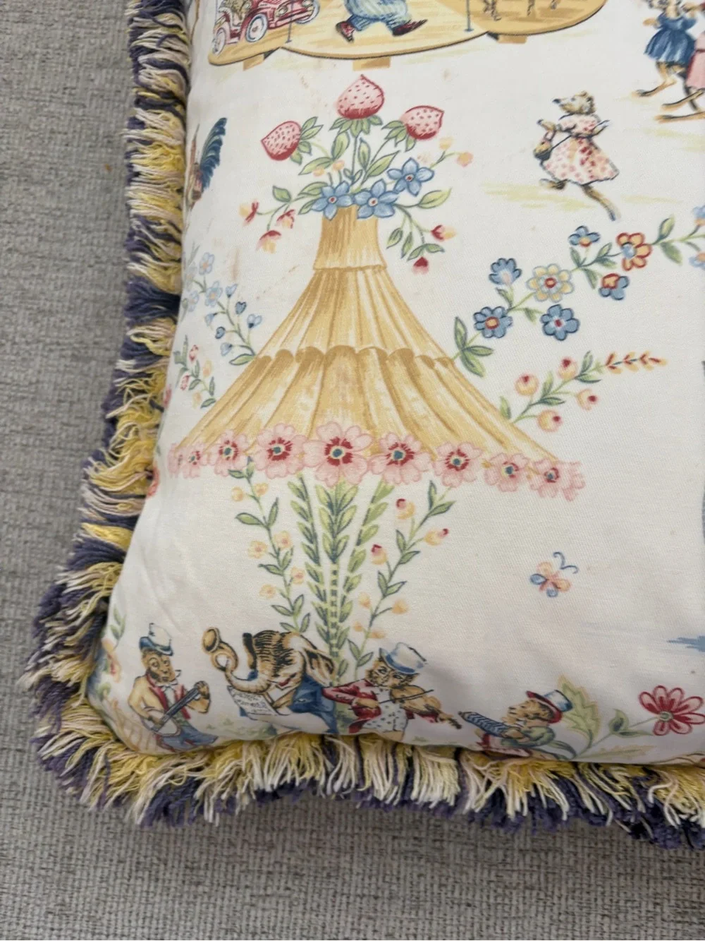 Vintage Storybook Animal Toile Feather Filled Fringe Pillow 17x17